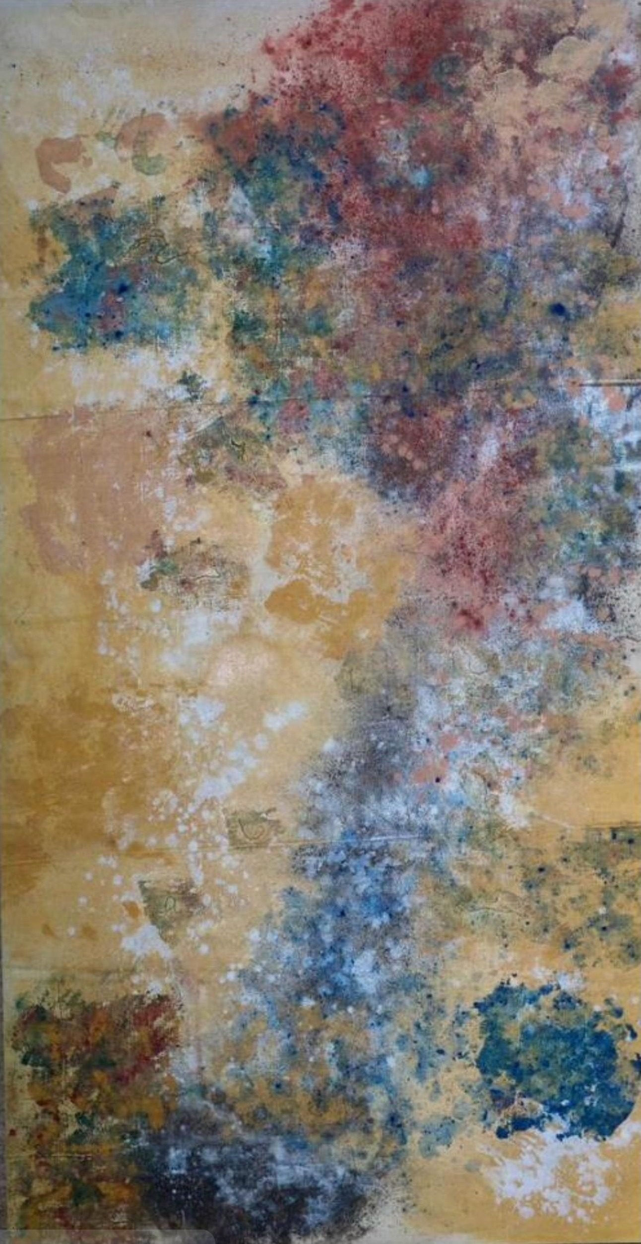 Tanno — grande toile aux tons sable, bleu et rose, 265x140cm
