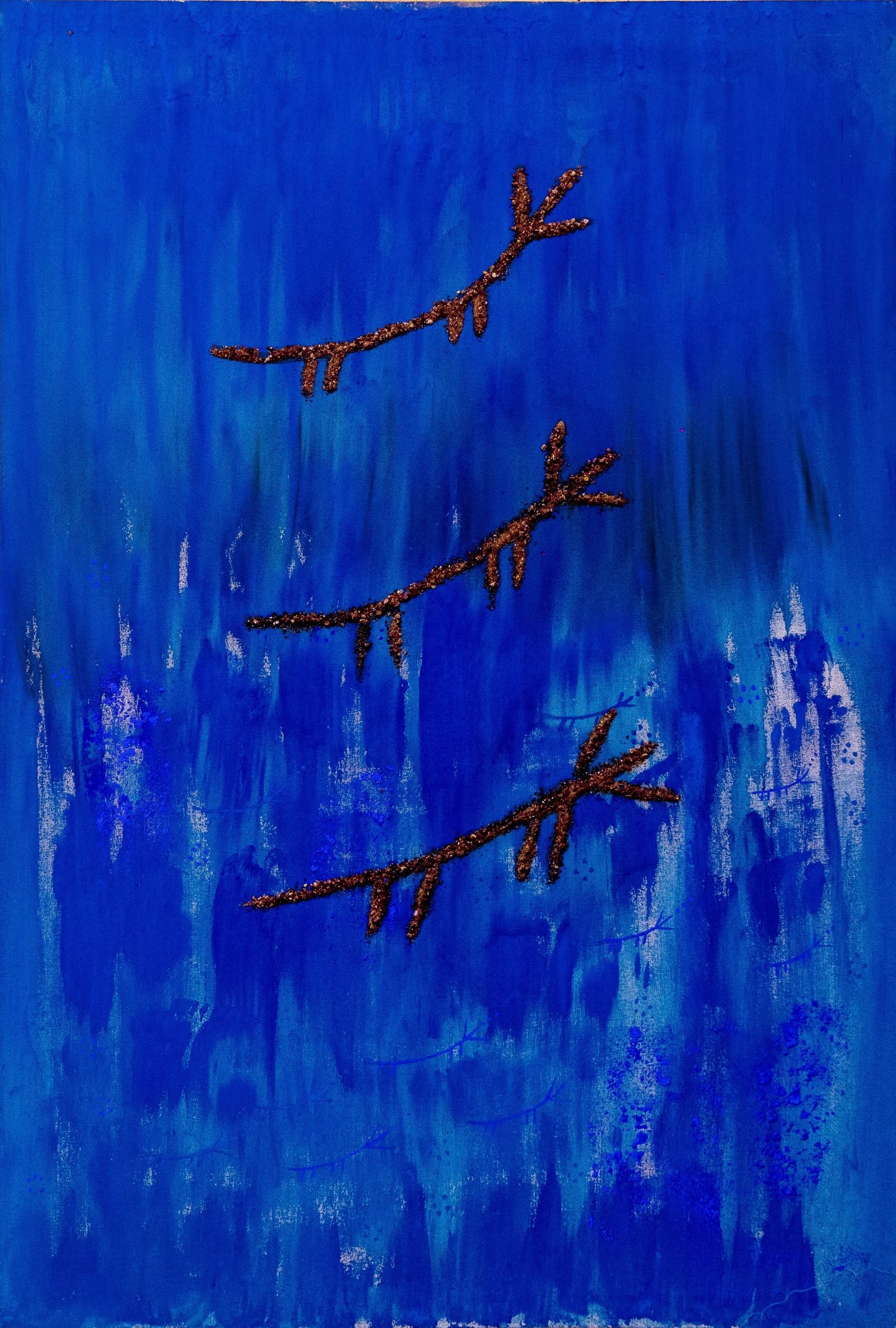 Les Branches — trois symboles branchus descendant sur bleu